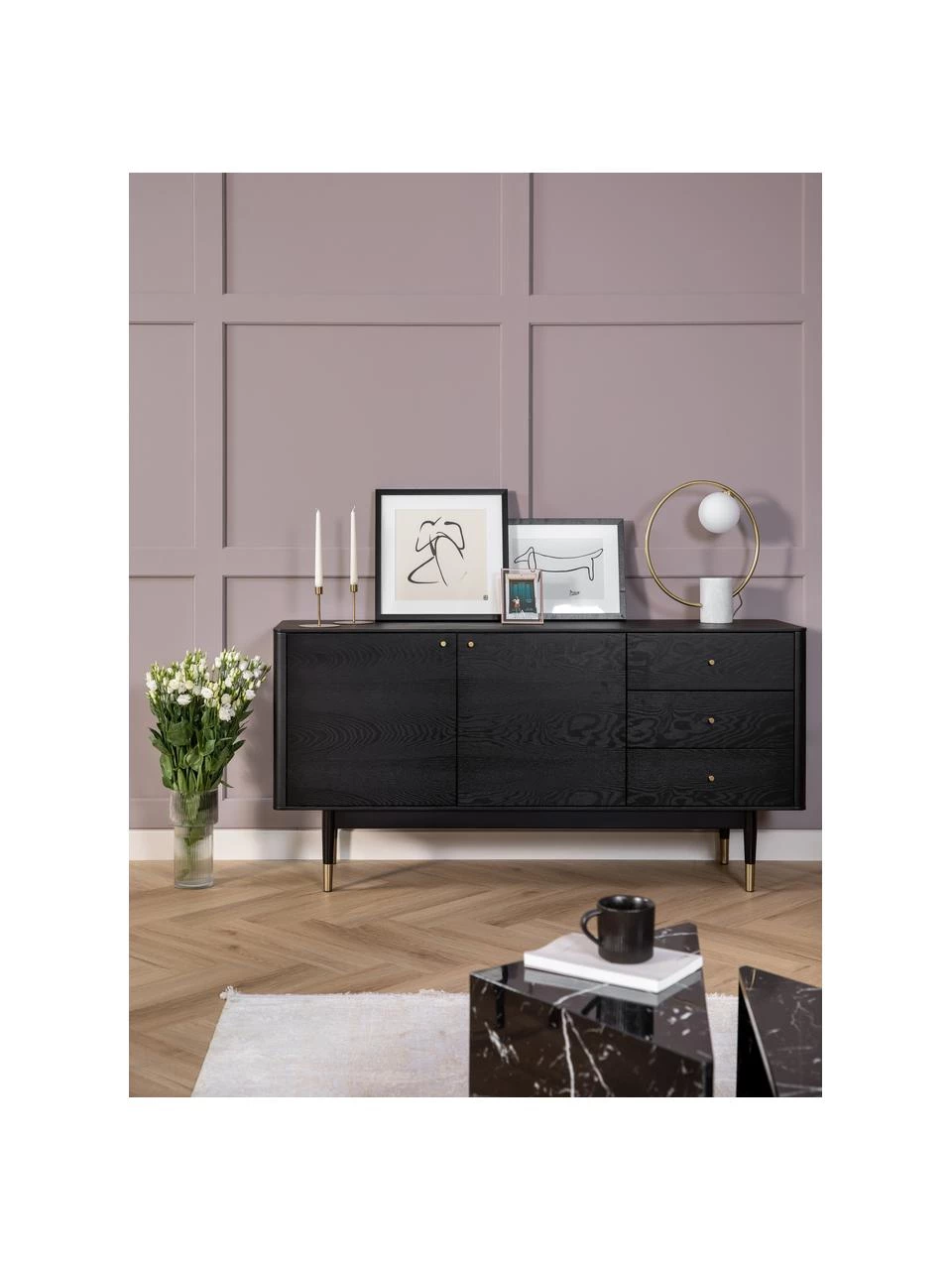 Rowico Schwarzes Sideboard Fenwood mit Schubladen mit Eichenholzfurnier, B 160 x H 79 cm 2 Rowico Schwarzes Sideboard Fenwood mit Schubladen mit Eichenholzfurnier, B 160 x H 79 cm – Bild 2