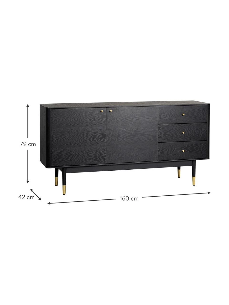 Rowico Schwarzes Sideboard Fenwood mit Schubladen mit Eichenholzfurnier, B 160 x H 79 cm 3 Rowico Schwarzes Sideboard Fenwood mit Schubladen mit Eichenholzfurnier, B 160 x H 79 cm – Bild 3