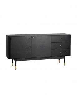 Rowico Schwarzes Sideboard Fenwood mit Schubladen mit Eichenholzfurnier, B 160 x H 79 cm